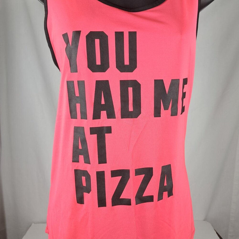 PINK Victoria's Secret "YOU HAD ME AT PIZZA" Pink/Black Athletic Gym Top Large